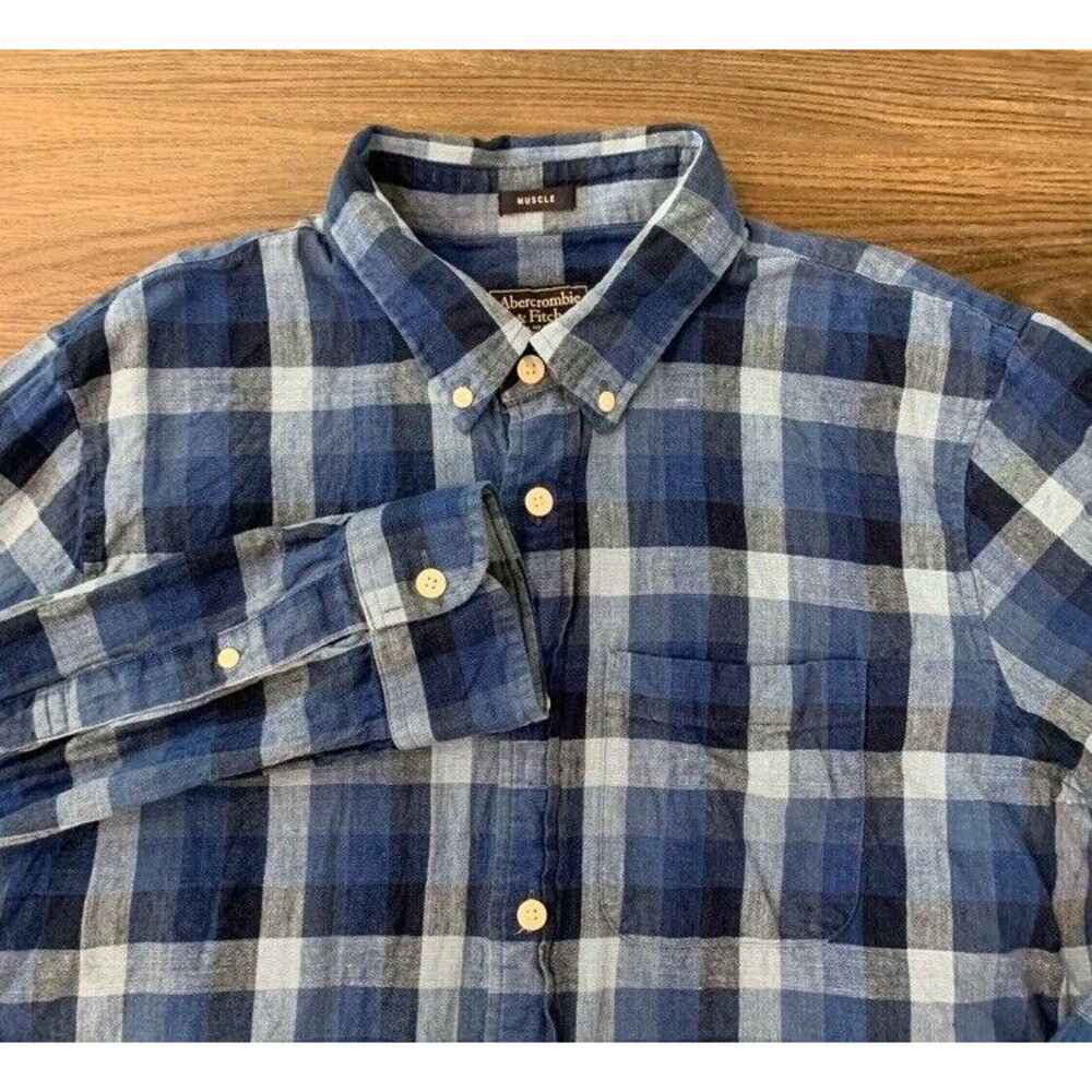 Abercrombie & Fitch Shirt Mens XL Muscle Linen Blend Blue Plaid Long‎ Sleeve